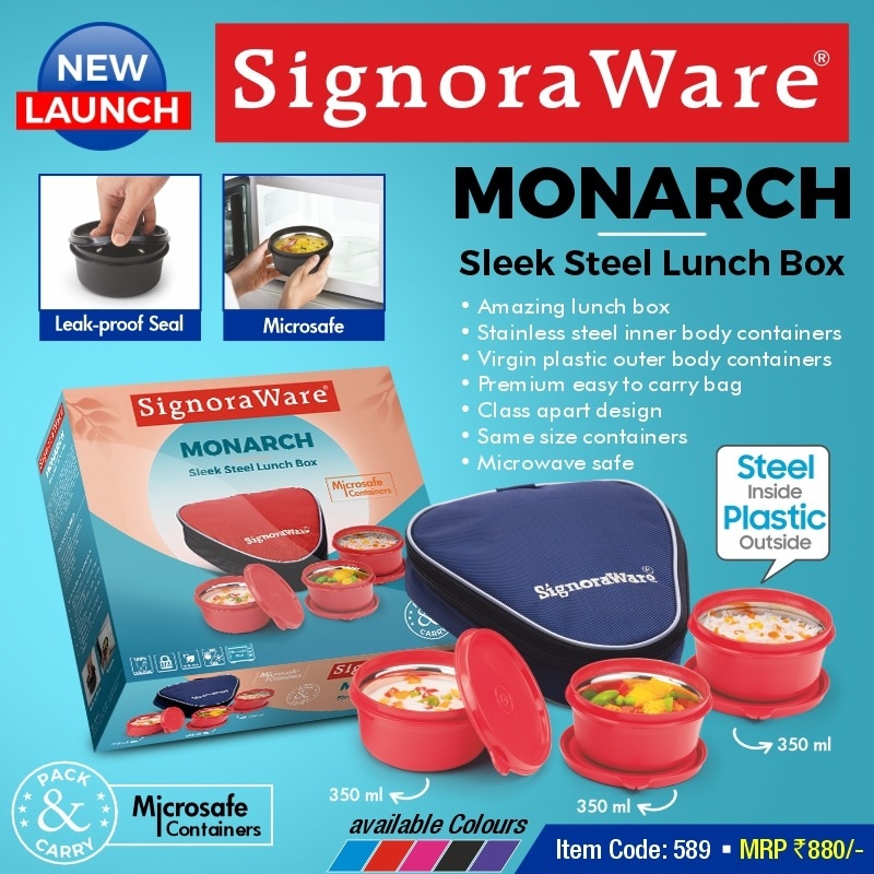 SignoraWare's tweet photo. Eat like a king with Monarch Sleek Steel Lunch Box 

#signoraware #monarch #monarchsleeksteellunchbox #monarchsteellunchbox #monarchlunch #lunchbox #steelcontainers #steelinside #plasticoutside #microwavesafe #plasticlids #MultipleColours #easytocarry #dishwashersafe #handybag https://t.co/1iPc6RTXTo