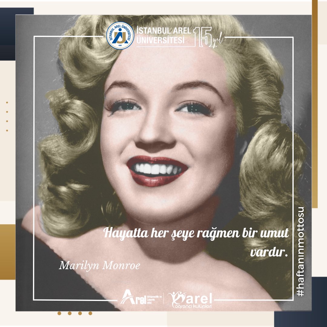 Bu #haftanınmottosu Marilyn Monroe'dan 🤳

Bu finallerin bütleri de vardır umudunuzu kaybetmeyin..

Hepinize final sınavlarında başarılar diliyoruz✍🏽 

<a href="/areledu/">İstanbul Arel Üniversitesi</a> @OGRENCIDEKANI