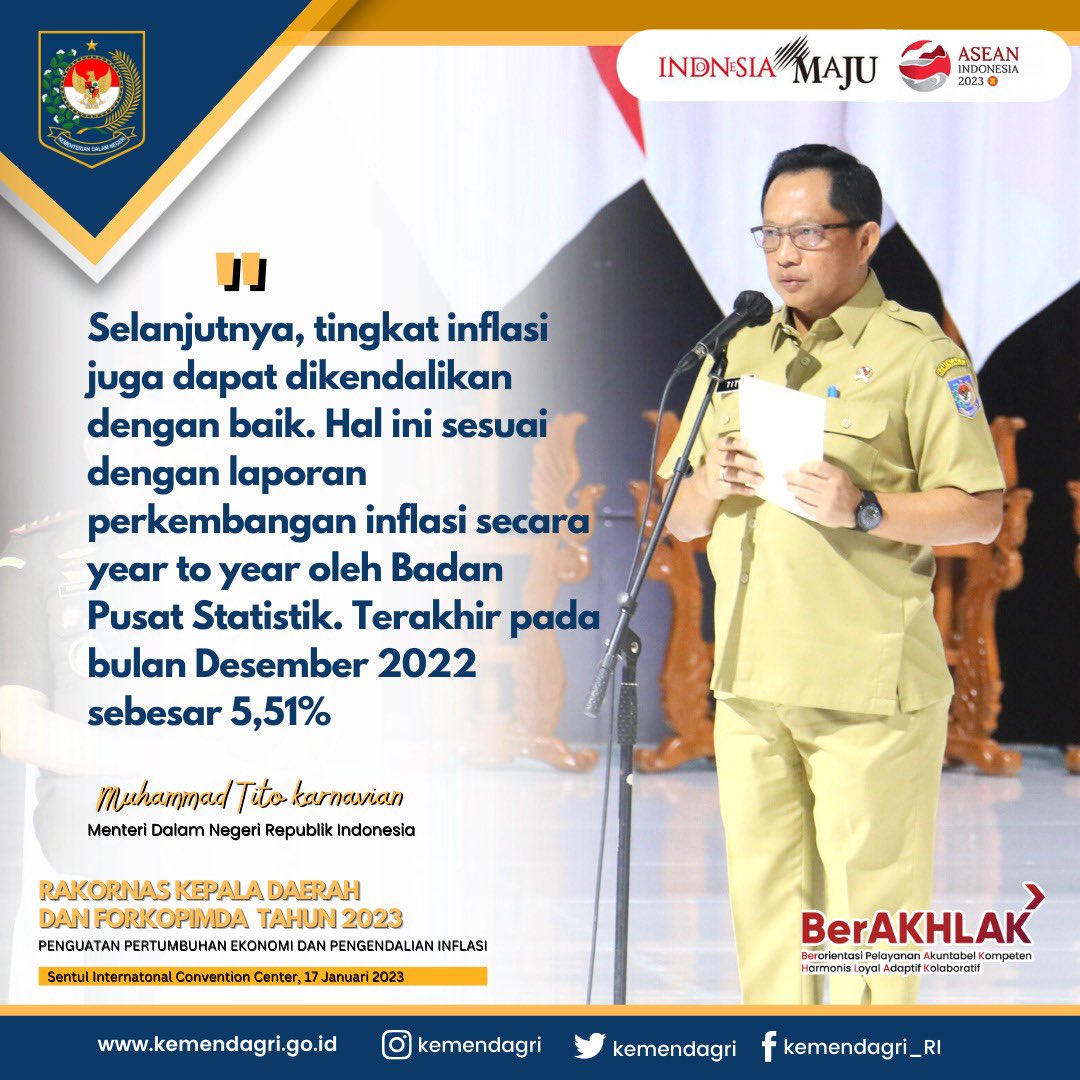 Kementerian Dalam Negeri (@kemendagri) on Twitter photo 2023-01-17 05:37:25 Teman Praja, Presiden Republik Indonesia @jokowi membuka secara resmi Rapat Koordinasi Nasional Kepala Daerah dan Forkopimda Tahun 2023 Lalu apa saja poin penyampaian Bapak Presiden dan Bapak Mendagri? Simak cuplikanya dalam postingan berikut ya!! #BersatuEkonomiKuat Teman Praja, Presiden Republik Indonesia @jokowi membuka secara resmi Rapat Koordinasi Nasional Kepala Daerah dan Forkopimda Tahun 2023 Lalu apa saja poin penyampaian Bapak Presiden dan Bapak Mendagri? Simak cuplikanya dalam postingan berikut ya!! #BersatuEkonomiKuat