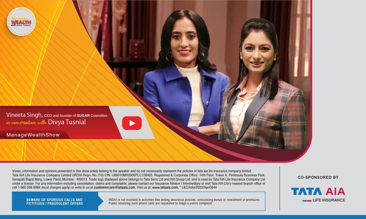 DivyaTusnial's tweet photo. You can watch it again!
"Manage Wealth with Divya Tusnial" is live on youtube Part 1 -> ( https://t.co/nmG91qruou ) &amp; Part 2 -> ( https://t.co/kxEerJ3oNp ) with the tenth episode with guest Vineeta Singh, CEO &amp; founder of SUGAR COSMETICS, India's fastest growing cosmetic brand. https://t.co/Csc5niOUx7