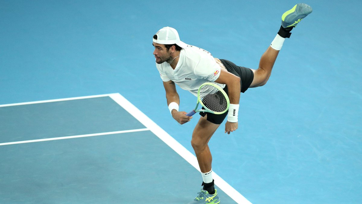AustralianOpen's tweet photo. It's game on! 💪🇮🇹

@MattBerrettini roars back to life and takes the third set. He trails 3-6 3-6 6-4. 

 #AusOpen • #AO2023 https://t.co/o9bOjuVc9b