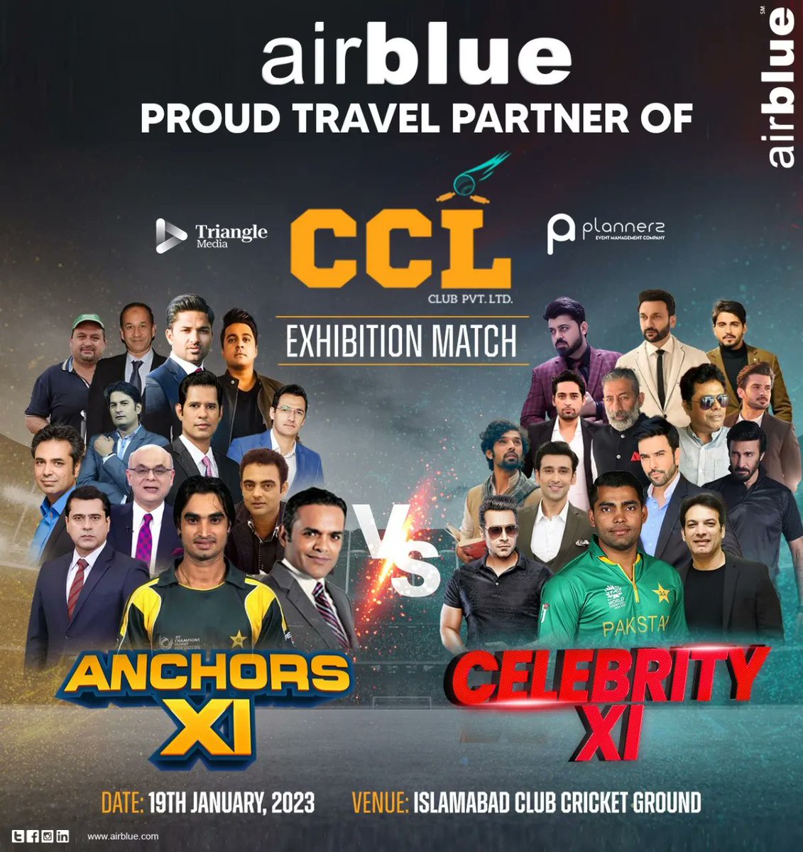 airblueairline's tweet photo. airblue is proud to be the official travel partner of the Celebrity Cricket League. Looking forward to a friendly clash- a cricket match between the anchors and the celebrities!
#CCL #celebrities #airbluetravelpartner #friendlyclash #airblue https://t.co/bJKkgqprDH
