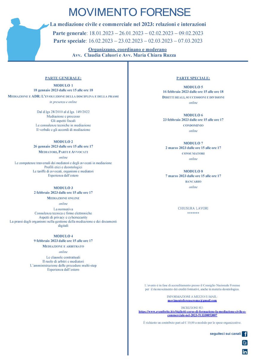 Movimento Forense #Webinar    dal 18.1.2023 ore 15-18 ogni mercoledì fino al 7 marzo: "LA MEDIAZIONE CIVILE E COMMERCIALE NEL 2023:RELAZIONI E INTERAZIONI" <a href="/radiotribunale/">RadioTribunale</a> <a href="/MCesali/">Massimiliano Cesali</a> <a href="/alalumia/">Nino La Lumia</a>  <a href="/marichiruzza/">Maria Chiara Ruzza</a>