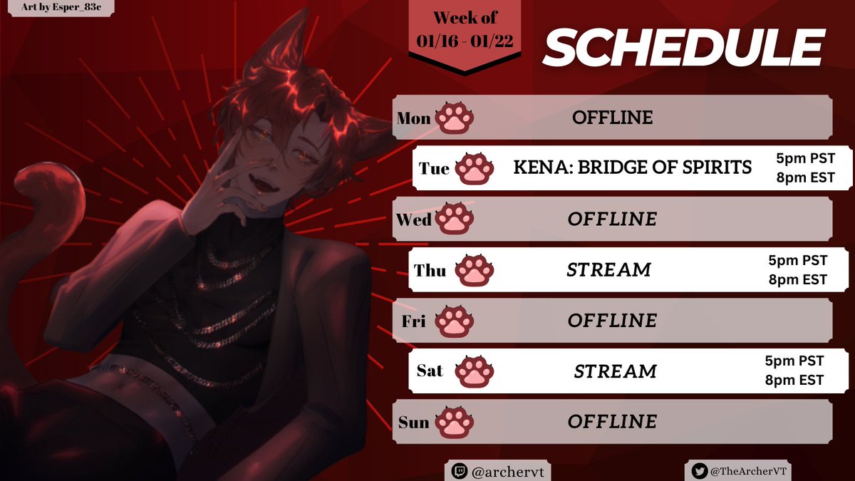 TheArcherVT's tweet photo. ✴️Schedule✴️
🐱Time to finish KENA!!! & Chill with school! 🐕
📚"COLLEGE TIME IS BACKKK"📚
🖌️Fanart: #ARTcher
🔞NSFW: #Archerussy
🎮#Vtuber #ENVtuber #VtuberUprsing https://t.co/GJZBH806MK