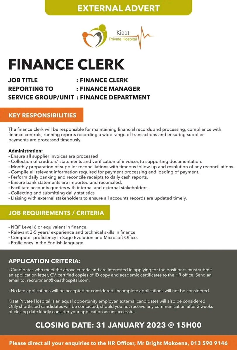Nayi_iplug's tweet photo. 📌 Finance Clerk 
Send CV, application letter, certified copies of ID &amp; academic certificates to the HR Office at recruitment@kiaathospital.com
Closing Date 31 January 2023 https://t.co/kdBhQ4FsMv