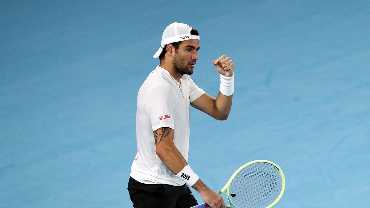 AustralianOpen's tweet photo. It's game on! 💪🇮🇹

@MattBerrettini roars back to life and takes the third set. He trails 3-6 3-6 6-4. 

 #AusOpen • #AO2023 https://t.co/o9bOjuVc9b
