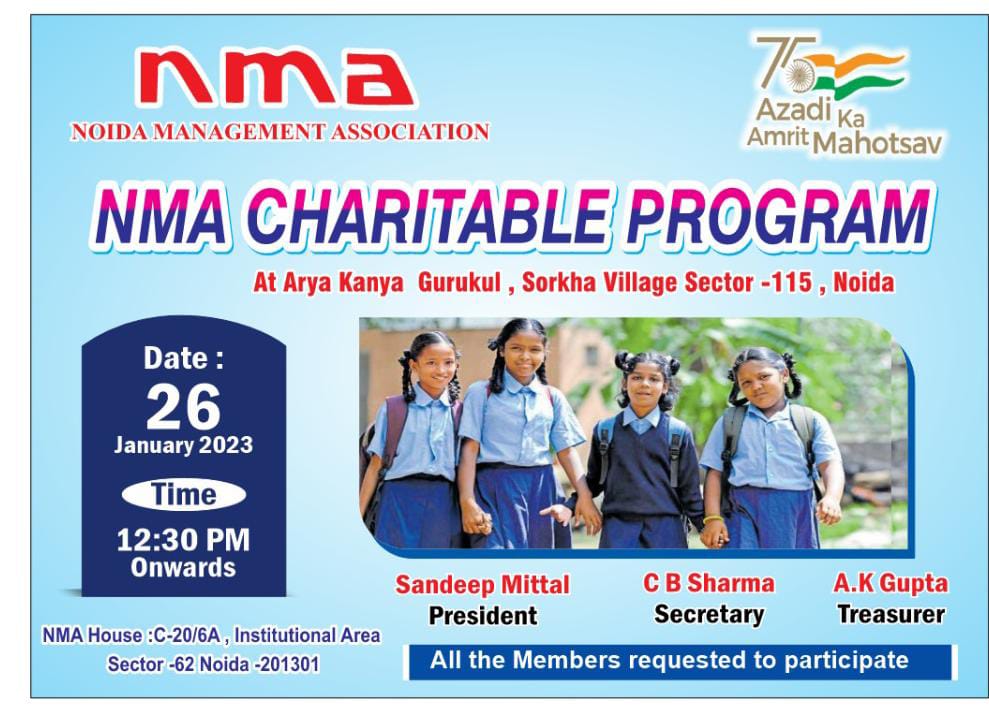 We are pleased to inform that a flag hoisting ceremony shall be conducted in the complex of NMA on 26th Jan 2023 . This year  it has been decided to do this activity for the poor and destitute girls of Arya kanya Gurukul Vidyalya at Sorkha Village Rd, Sector 115, Noida .