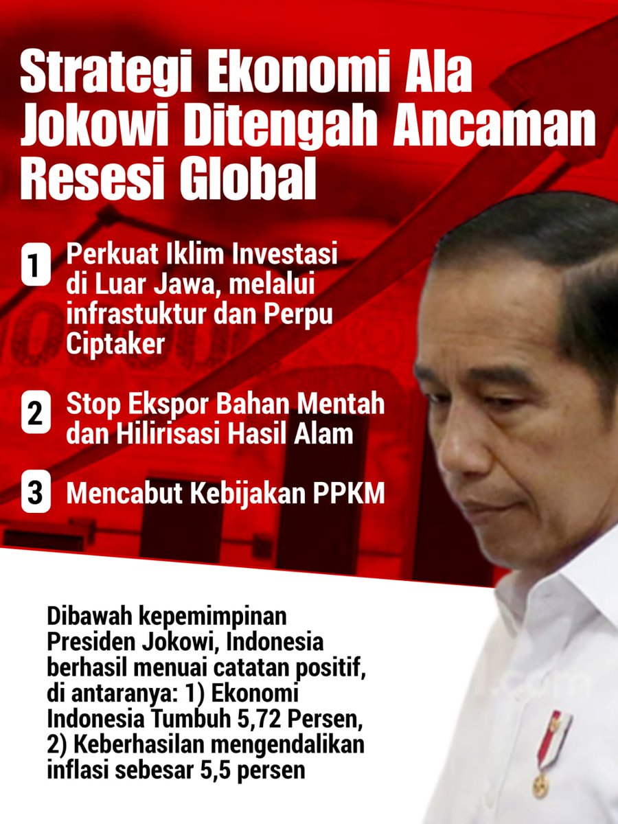 Berikut strategi jokowi untuk keluar dari ancaman resesi global. 
Ekonomi RI Terus Tumbuh 
#IndonesiaOptimis