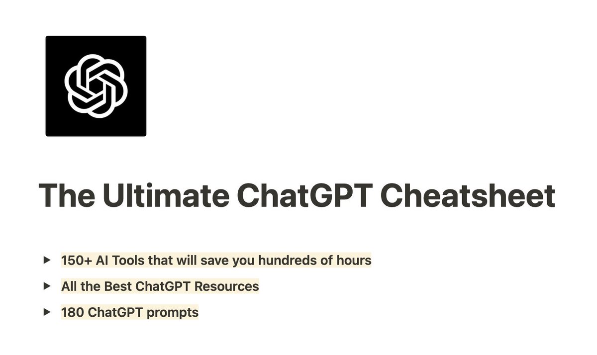 The Ultimate ChatGPT Cheatsheet 🤖

A bundle of THREE products

• All the Best ChatGPT Resources
• 150 AI tools
• 180 prompts

It's completely FREE for the next 24 hours.

How to get it:

• Retweet
• Reply "ChatGPT"

.. and I’ll DM a link.

(Must be following)