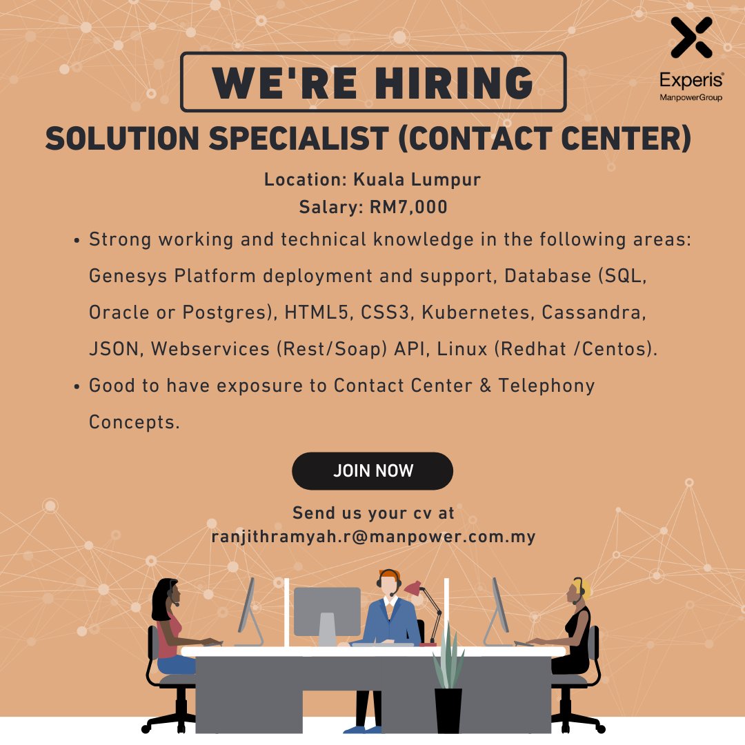 ManpowerMY's tweet photo. #nowhiring

Solution Specialist (Contact Center) 
Location: Kuala Lumpur
Salary: RM7,000

More info: https://t.co/qXRGHr4i7J

Send your resume to ranjithramyah.r@manpower.com.my

@Peluangkerjaya
@Peluang_KerjaMY
@sebarkerja
@Oh_KerjaKosong
@twtkerjakosongg

#software #network https://t.co/QnhKTvUZYB