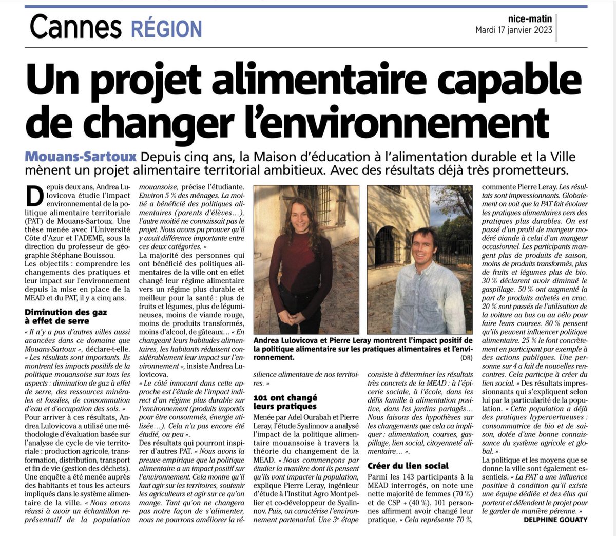 Le projet alimentaire de territoire de Mouans Sartoux a réussi à faire évoluer les pratiques alimentaires des habitants vers une alimentation plus durable, respectueuse de l'environnement et qui réduit son impact sur le changement climatique