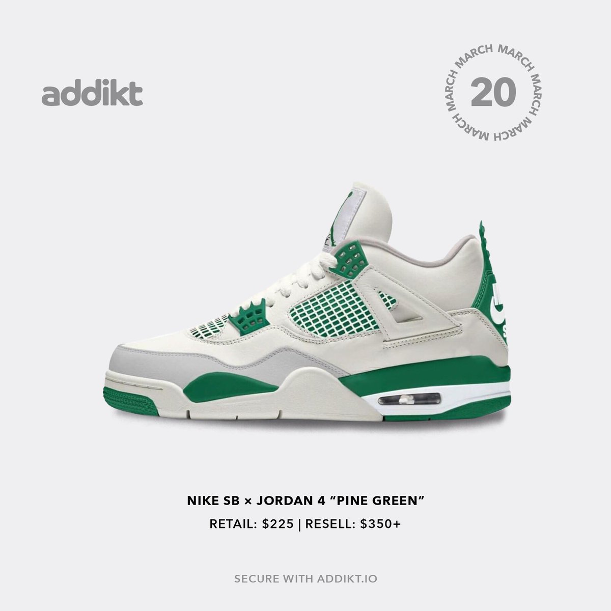 Nike Sb x Jordan 4 “Pine Green” dropping March 20th
-
Sign up at addikt.io or click the link in our bio to be notified when we restock.
