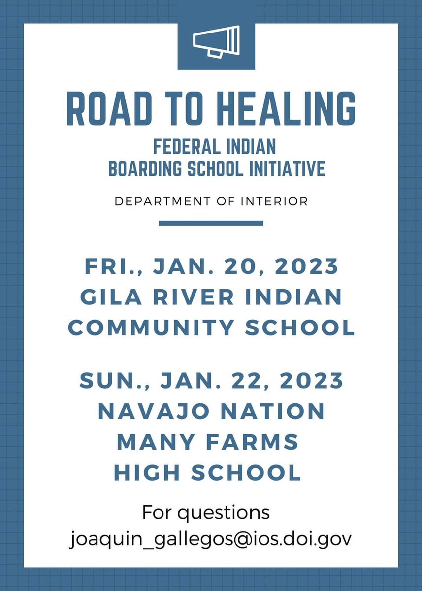 JennJermaine's tweet photo. @Interior Federal #Indian #BoardingSchool Initiative is coming to #Arizona for two listening sessions at @GRIC_Official Community School in #Laveen on 1/20 and #NavajoNation #ManyFarms High School on 1/22. Survivors and family members are welcome.
#NativeTwitter #Indigenous https://t.co/DlUrZ6HEhW