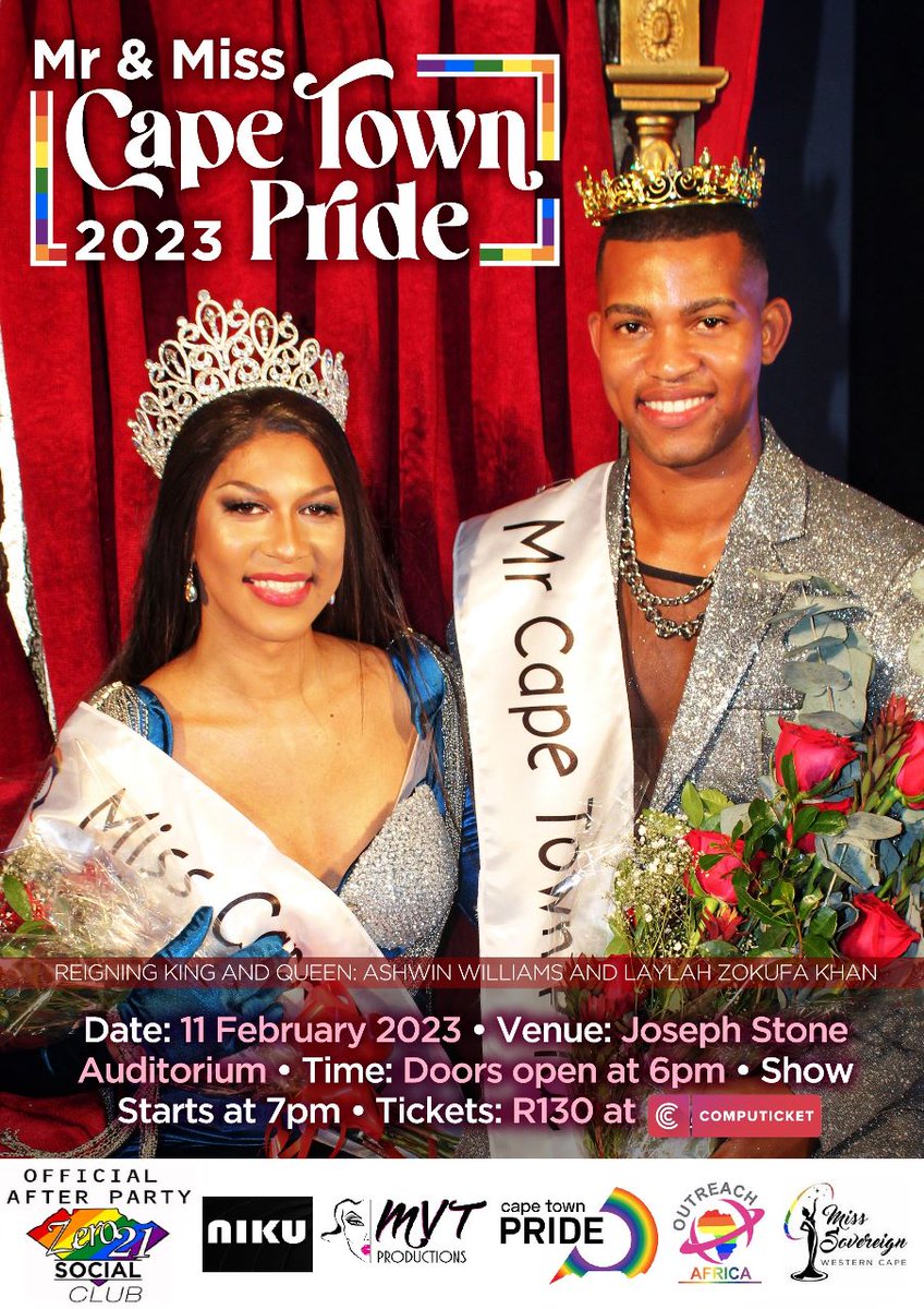 Good luck to ALL the contestants gunning for this prestigious Title. Please come out and support everyone. Details on Poster.

Mr and Miss Cape Town Pride 2023!

🥰🎁🏆👑🏳️‍⚧️🏳️‍🌈
