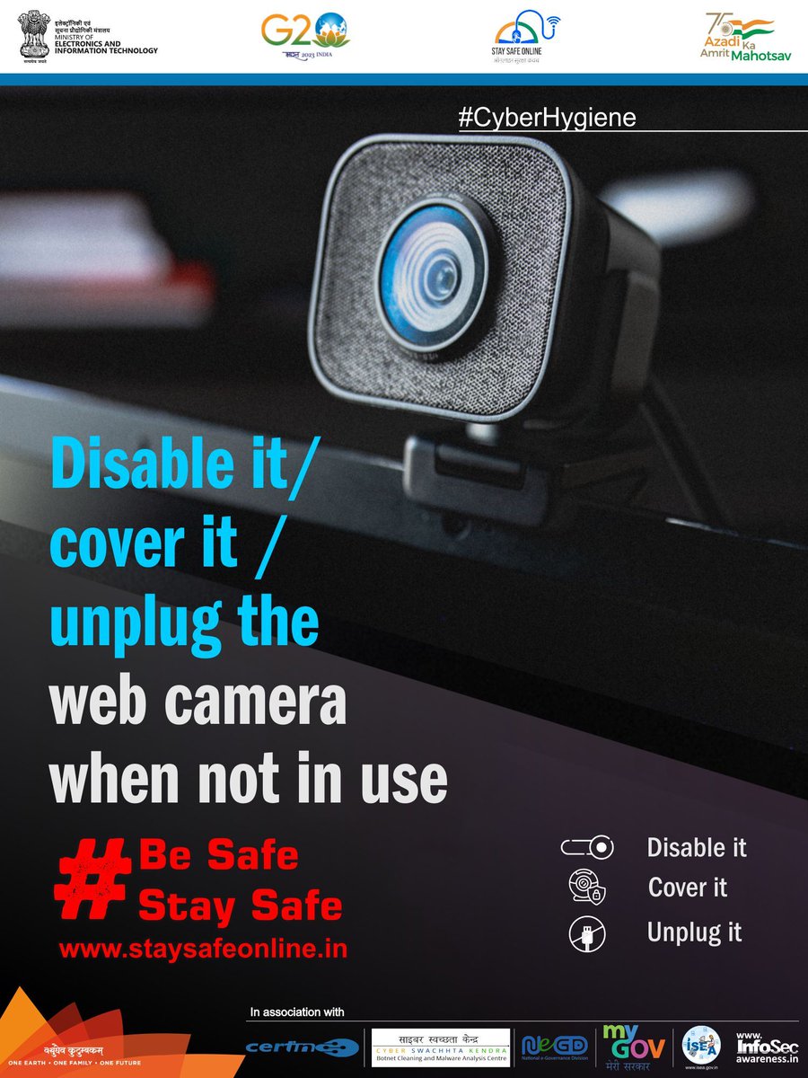 InfoSecAwa's tweet image. #StaySafeOnline #infosecawareness
Disable it/cover it/unplug the web camera when not in use #besafe #staysafe
#disableit #coverit #unplug #webcam
Visit to know more: staysafeonline.in