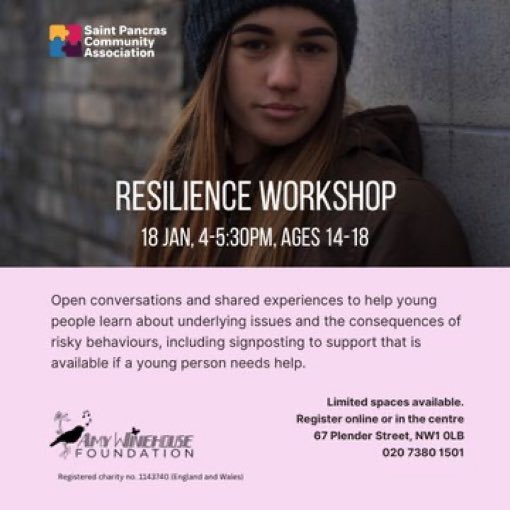 If you’re a #Camden resident aged 14 to 18, we would love you to see you tomorrow 18 January at our #Resilience workshop at St Pancras Community Association 4pm #community #Wellbeing #connection