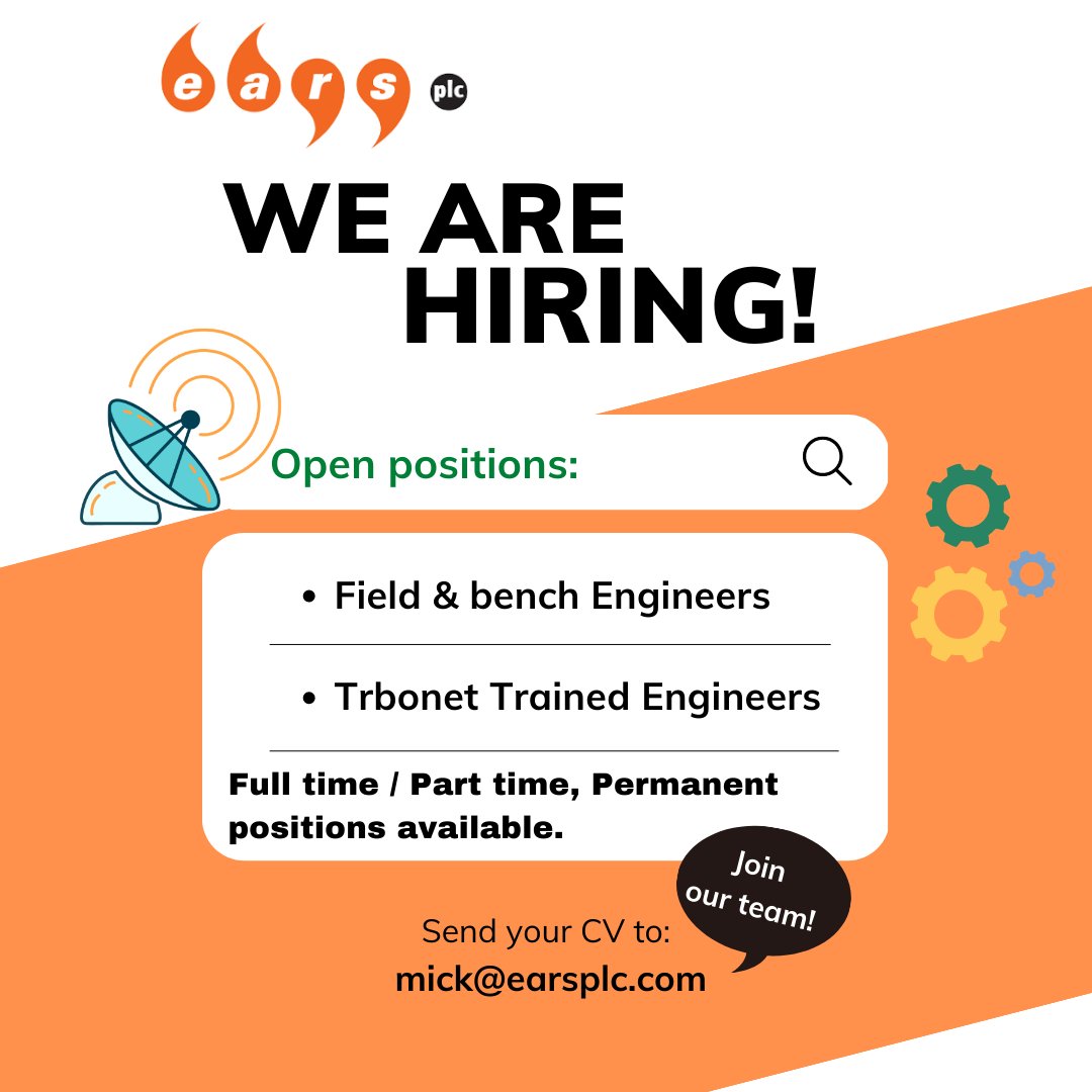 EARSplc's tweet image. We are hiring Field and Bench Engineers &amp;amp; Trbonet Trained Engineers 
Apply now, send your CV to mick@earsplc.com

#earsplc #MOTOTRBO #radiocommunication #buyradio #communication  #london #motorola #cv #cvs #engineers #FieldBench #trbonettrainedengineers #hiring #hiringnow