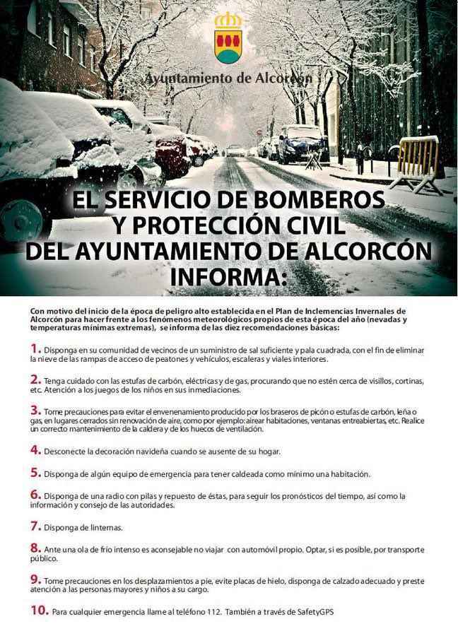 Se ACTIVA, a partir de las 12:00 horas del martes 17 de enero, NIVEL AMARILLO 🟡 del PLAN DE ACTUACIÓN POR INCLEMENCIAS INVERNALES DE #ALCORCÓN.