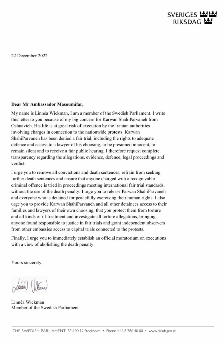 Still no answer to my letter regarding the situation for Karwan ShahiParvaneh and all political prisoners in Iran. I urge to remove all convictions and death sentences and respect human rights including the right to a fair trial. #Karwanshahiparvaneh #Karwan_Shahi_Parvaneh