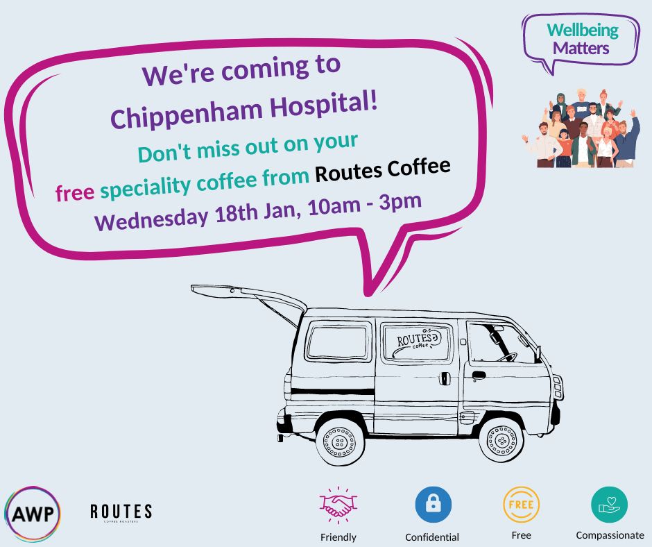 Calling all staff at Chippenham Hospital! 
On Wednesday 10am - 3pm grab yourself a free coffee from @RoutesCoffee and have a chat with the BSW Wellbeing Matters team. bit.ly/3CtyaoX