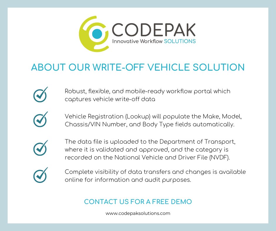 CodepakSolution's tweet image. Here at Codepak we have developed a vehicle write-off solution, but what is it all about?
Contact us for a free demo!