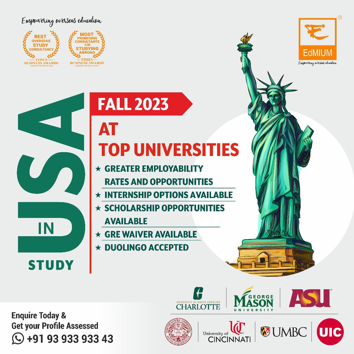 edmium's tweet photo. Planning to study in USA for Fall 2023? Book your free consultation, today!
Study in USA for Fall 2023 at Top Universities
✅Greater Employability rates and Opportunities
✅Internship Options Available
✅Scholarship opportunities Available
✅GRE waiver available https://t.co/g8j94TUwVO