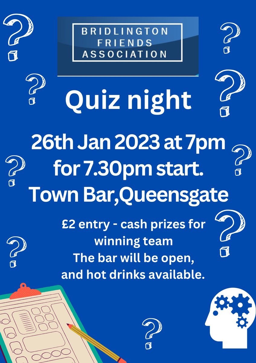 Come and join us for our first quiz night, next Thursday 26th January. Guaranteed to get your brains working and provide you with a fun evening out. Everyone welcome.
#Bridlington