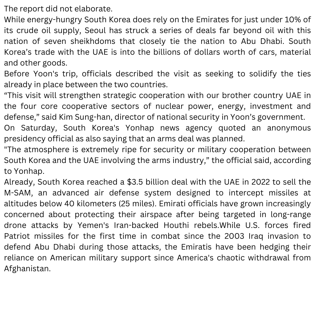 KCC_INDIA's tweet image. South Korean President travels to UAE, seeks arms sales

Published on: 15 January, 2023 at The Hindu

Read at: thehindu.com/news/internati…
.
.
.
.
.
#korea #koreantechnology #yoonsukyeol #uae #abudhabi