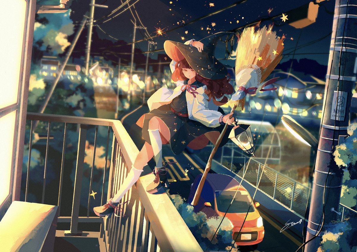 1girl hat broom witch hat solo ground vehicle night  illustration images