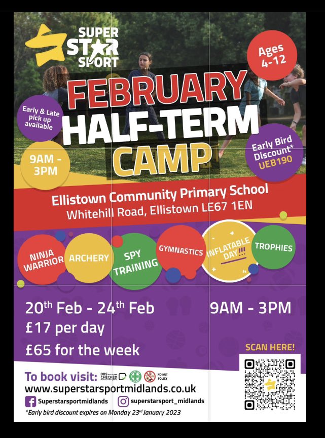 SSSMidlands's tweet photo. Exciting news !! 

We have added two new camp locations to our February half term camps 😃

⭐️Ellistown community primary school 
⭐️At Mary’s COE primary school 

To book visit https://t.co/Q0O07UcMTw https://t.co/KUaaUDPwJe