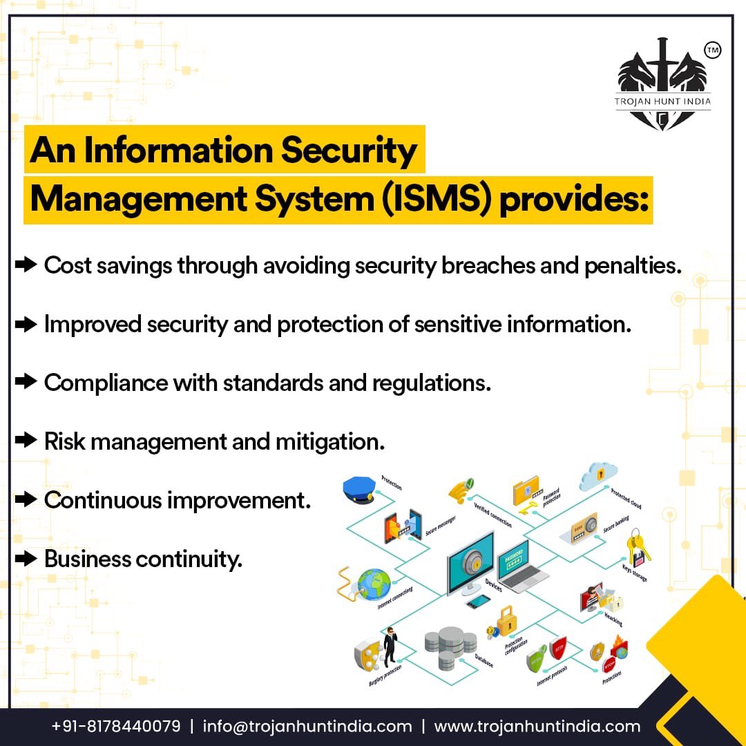 An Information Security Management System offers the following:
.
.
.
#trojanhuntindia #InformationSecurity #ISMS #SecurityManagement #Protection #Compliance #Standards #Regulations #RiskManagement #BusinessContinuity #SecurityBreaches #Penalties #CyberSecurity