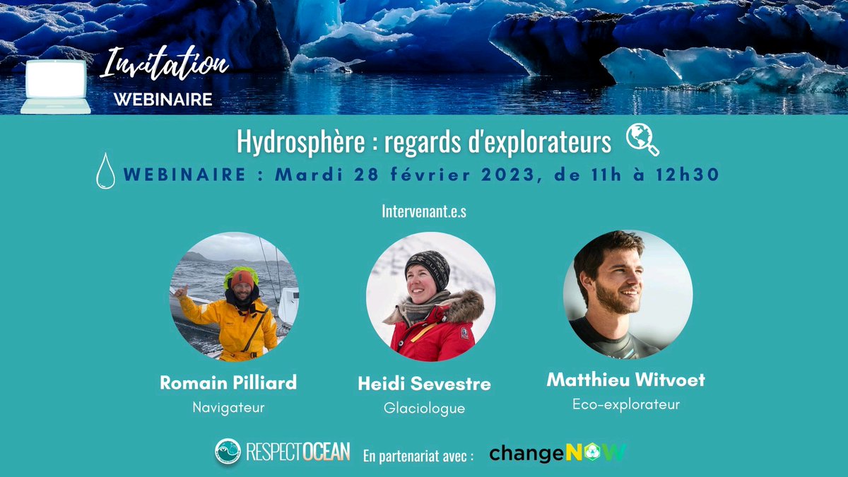 💦🌍🌊 @Respect_Ocean organise, en partenariat avec @ChangeNOW_fr, une rencontre autour de trois explorateurs : @USEITAGAIN_SAIL, @HeidiSevestre et @MatthieuWitvoet
✨🎙 co-animation @santi_on_twitt
📅 28/02/2023, 11h
👉 Inscription : respectocean.com/webinaire-hydr…
#ocean #hydrosphere