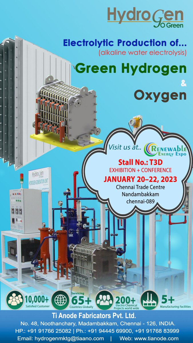 TiAnodeFab's tweet image. Visit us at Renewable energy expo in chennai on January 20th - 22nd and know more about our new product &quot;HYDROGEN GENERATOR&quot;

#exhibition #hydrogengenerator #GreenHydrogen #expo #