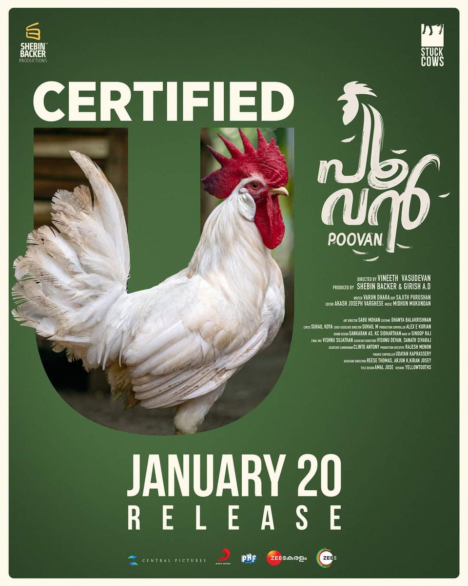 Clean 'U' Certificate!!!

Poovan is a 100% entertainer for all ages

Experience and Enjoy in theaters from January 20, 2023

poovan_movie 🐓

#poovan #poovanMovie #shebinbacker #shebinbackerproductions
#girishAD #Stuckcows #AntonyVarghese #Pepe #vineethVasudevan #malayalamMovie