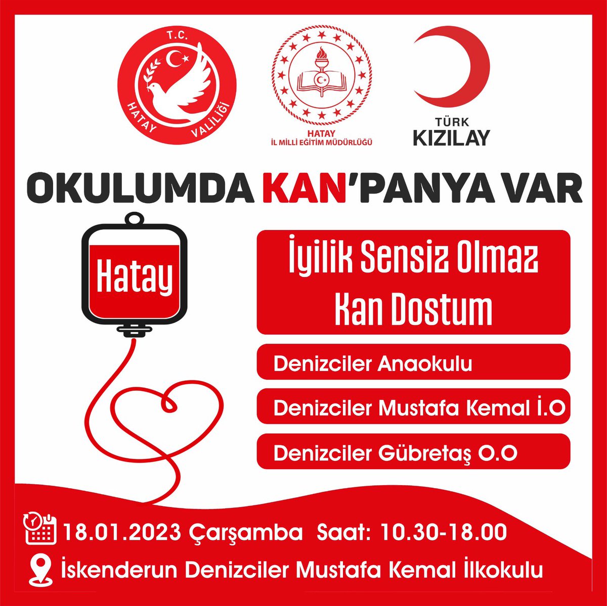 Okulumda 🩸KANpanya🩸Var

🗓 18  Ocak Çarşamba🌸
 
Denizciler Anaokulu  ve Denizciler 

Gübretaş Ortaokulu ile birlikte 🩸

📍Denizciler Mustafa Kemal 

İlkokulu’nda 

#KanDostum Davetlisiniz ❤️

<a href="/HatayValiligi/">T.C. Hatay Valiliği</a> <a href="/hataymem/">Hatay İl Millî Eğitim Müdürlüğü</a> <a href="/SeyitAliBuyuk/">Seyit Ali Büyük</a> <a href="/Kizilay/">Türk Kızılay</a> <a href="/tcmeb/">Millî Eğitim Bakanlığı</a>