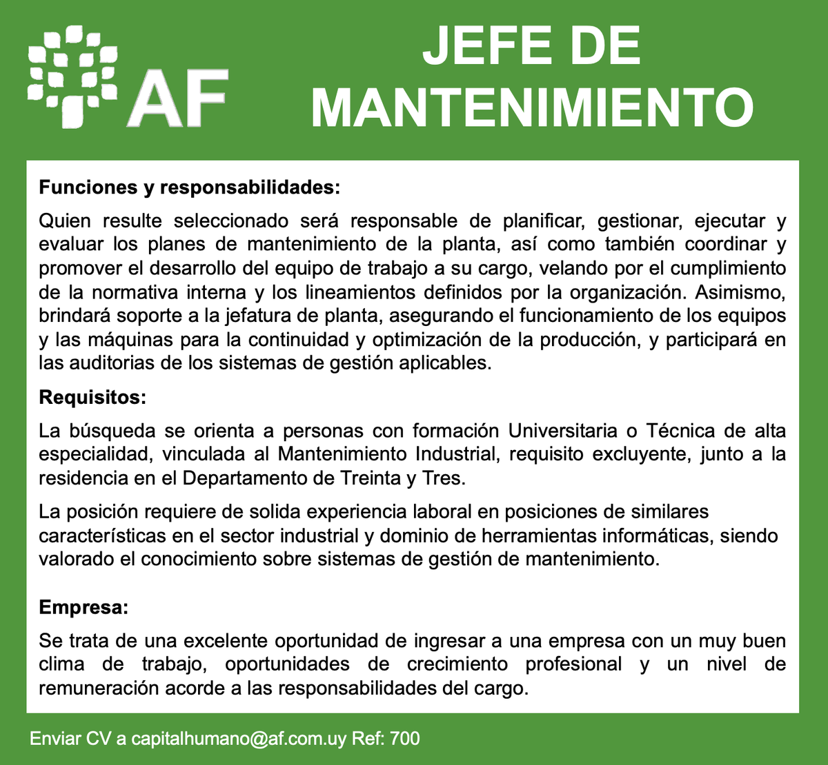 ➡ JEFE DE MANTENIMIENTO 🛠
Para empresa industrial que se está instalando en la ciudad de Treinta y Tres. #empleo #industria #hiring