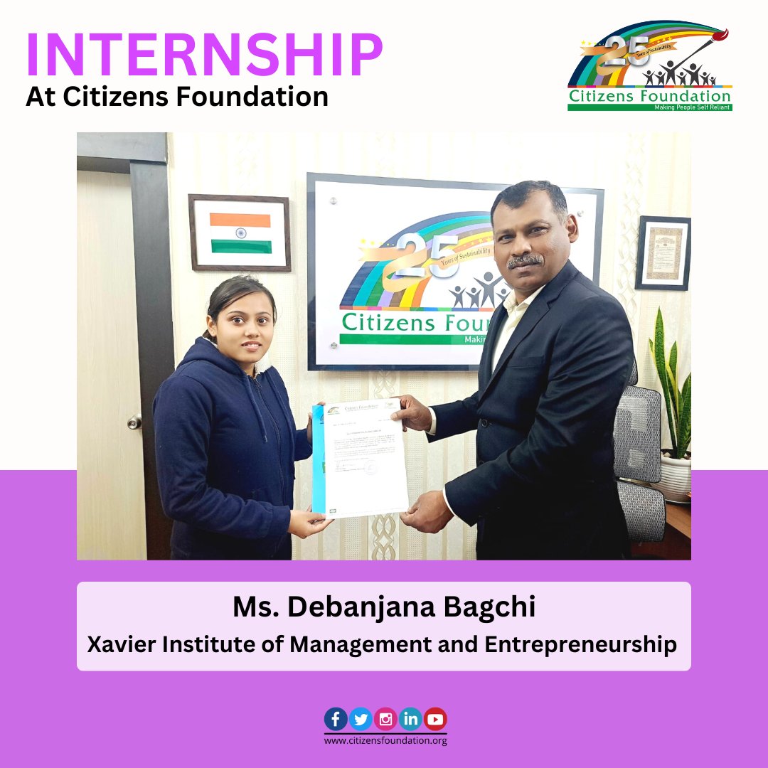 citizens_cf's tweet photo. Ms. Debanjana Bagchi, of @XIMEBangalore1 , awarded with completion certificate by CEO, Mr. @GaneshReddys7 on successful completion of her #internship with @citizens_cf on, โImpact of Human Resource in Development Sectorโ. Best wishes for all her future endeavors. #CFat25 https://t.co/sfKylpj7SO