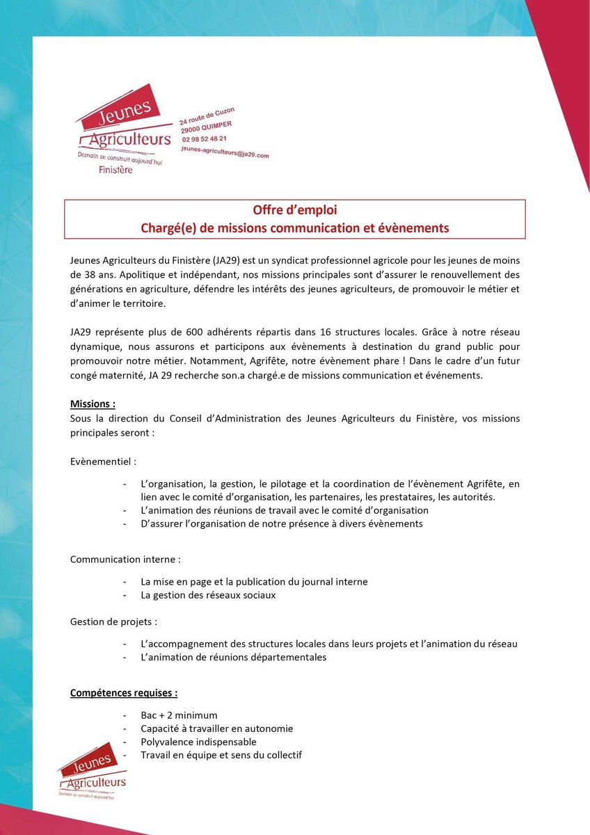 JA_Finistere's tweet photo. 🚨JOB ALERT🚨
JA29 recherche https://t.co/vPKX29XX0x chargé.e de communication &amp; évènements pour un CDD de 6 mois!
Toutes les infos dans l'annonce 👇
Partagez, on attend vos candidatures 😁 https://t.co/8wohzeapGH
