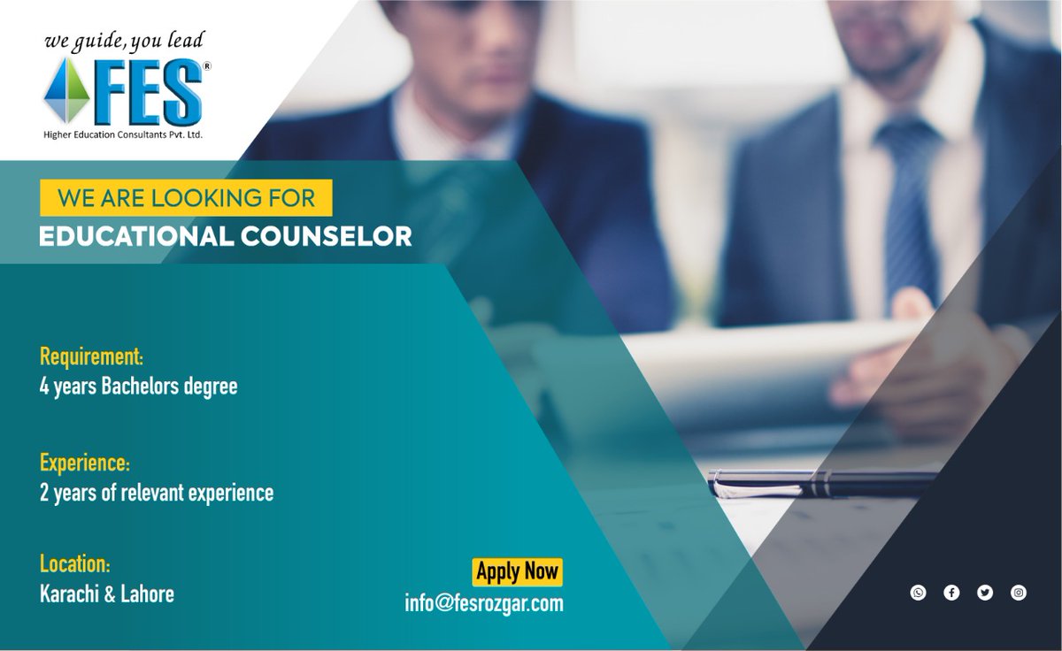 FESConsultants's tweet photo. We are looking for #Educational Counselor!
Location: Karachi &amp; Lahore
Apply Now:👇🏻
info@fesrozgar.com

#fes #studyabroad #hiring #jobs #career #jobopportunity #jobsearch #opportunities #consultants #joinourteam #Karachi #Lahore  #EducationJobs #KarachiJobs #educationalcounselor https://t.co/LzIKvmImr8