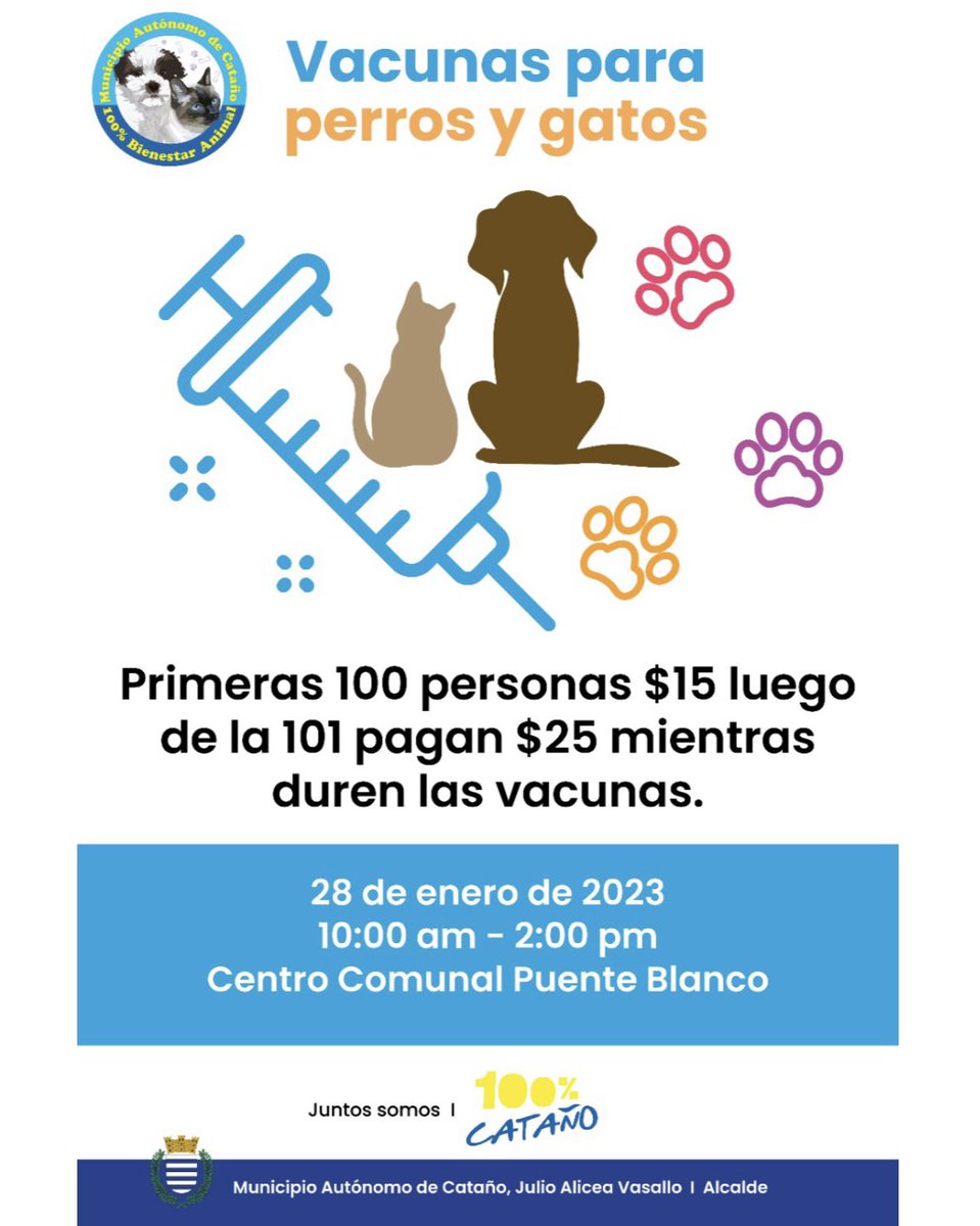 El sábado, 28 de enero, celebraremos una Clínica de Vacunación a bajo costo para perros y gatos en el Centro Comunal de Puente Blanco. Aprovecha esta oportunidad de poner al día la salud de tu mascota. 
¡Cataño es 100% bienestar animal! 🐶🐱
