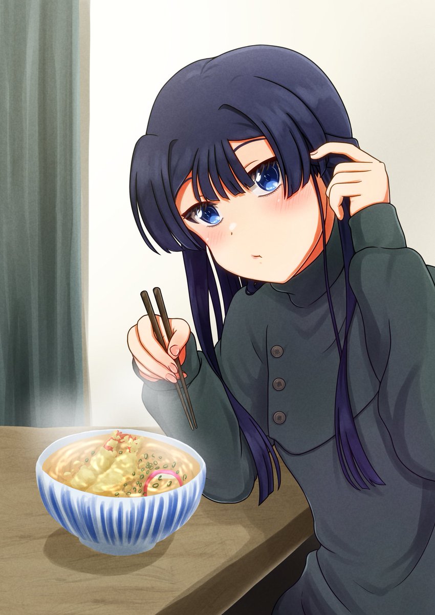 1girl chopsticks solo blue eyes food bowl noodles  illustration images