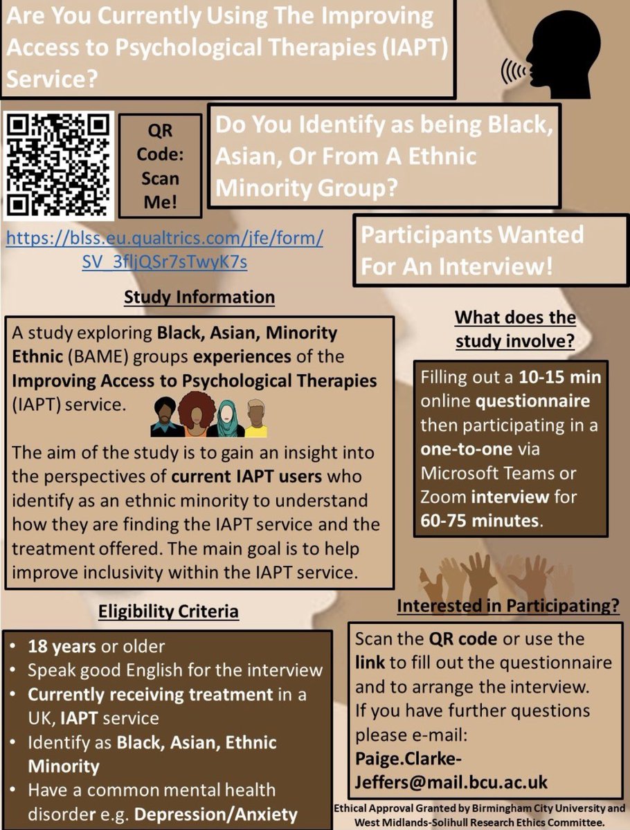 Looking for #iapt #serviceusers who identify as #Black #Asian or #MixedRace for a 1-2-1 interview about their #current #experience using the #nhs IAPT service. DM if any questions @BlackCountryNHS @mpftnhs @CWPT_NHS @Athfah_A