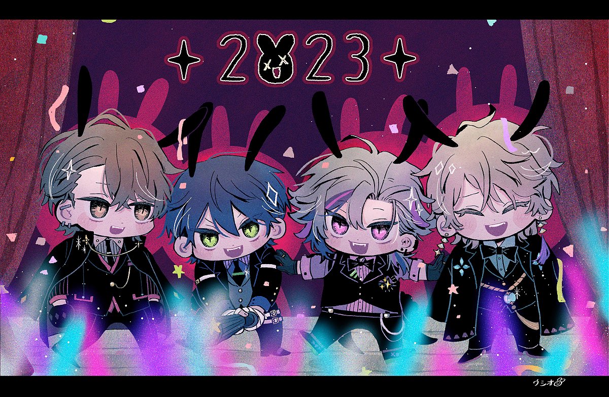 multiple boys male focus blue hair green eyes chibi purple hair rabbit ears  illustration images