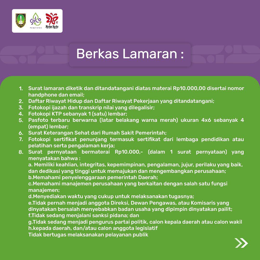 PEMKOT_SOLO's tweet photo. Ada penguman penting nih untuk kalian yang mencari kesempatan kerja!

Panitia seleksi calon dewan pengawas Perumda Air Minum Kota Surakarta membuka kesempatan bagi masyarakat sebagai Dewan Pengawas Perumda Air Minum Kota Surakarta dari unsur independen dengan formasi 2 orang. https://t.co/OZ3HLysyk0