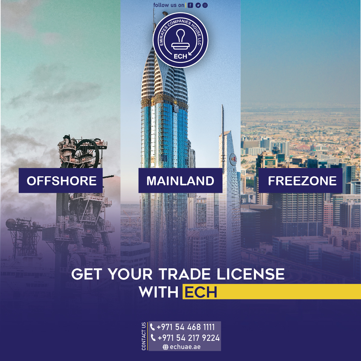 GET YOUR TRADE LICENSE
WITH ECH

'Your Gateway to all Government services'

#uaesmallbusiness #uaebusiness #uaebusinessnews #dubai #dubaismallbusiness #tradelicensedubai #tradename
