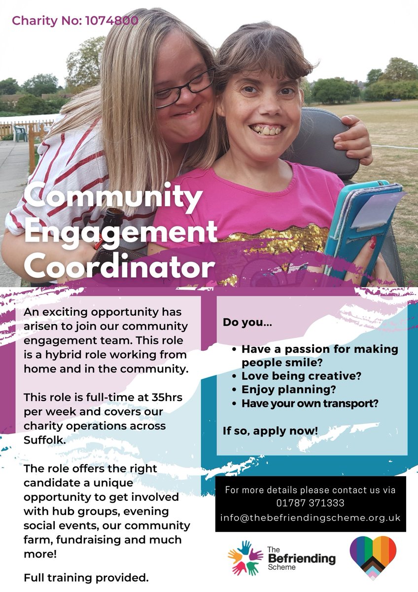 An exciting opportunity to join the TBS team....Currently recruiting for Community Engagement Coordinator - Suffolk. Email info@thebefriendingscheme.org.uk for application pack.