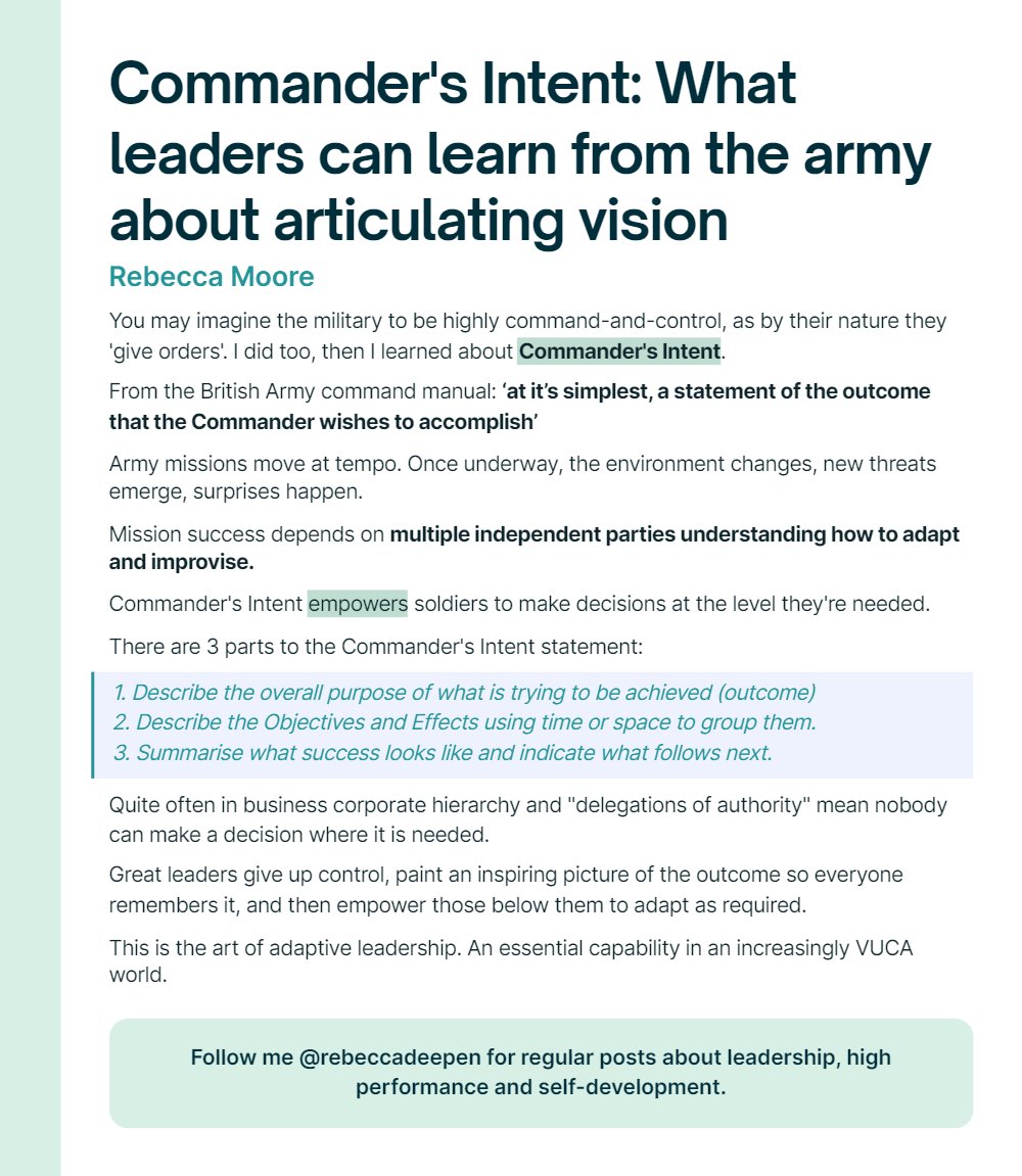 Commander's Intent: What leaders can learn from the army about articulating vision 👇

#ship30for30 #militaryleadership #consciousleadership #empowerment #VUCA #adaptability #adaptiveleadership