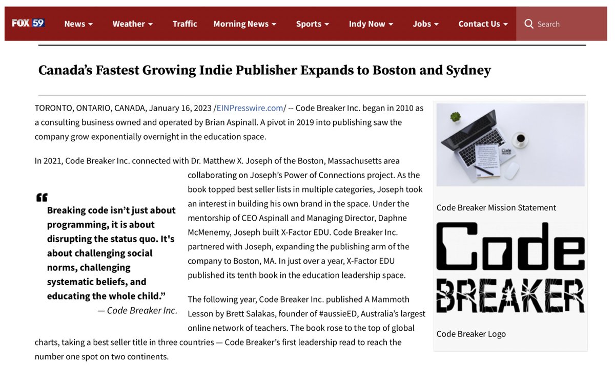 mraspinall's tweet image. Yeah we did! 🦾

Canada’s Fastest Growing Indie Publisher Expands to Boston and Sydney @codebreakeredu 

#CodeBreaker 
#XFactorEDU
#MammothEDU

fox59.com/business/press…