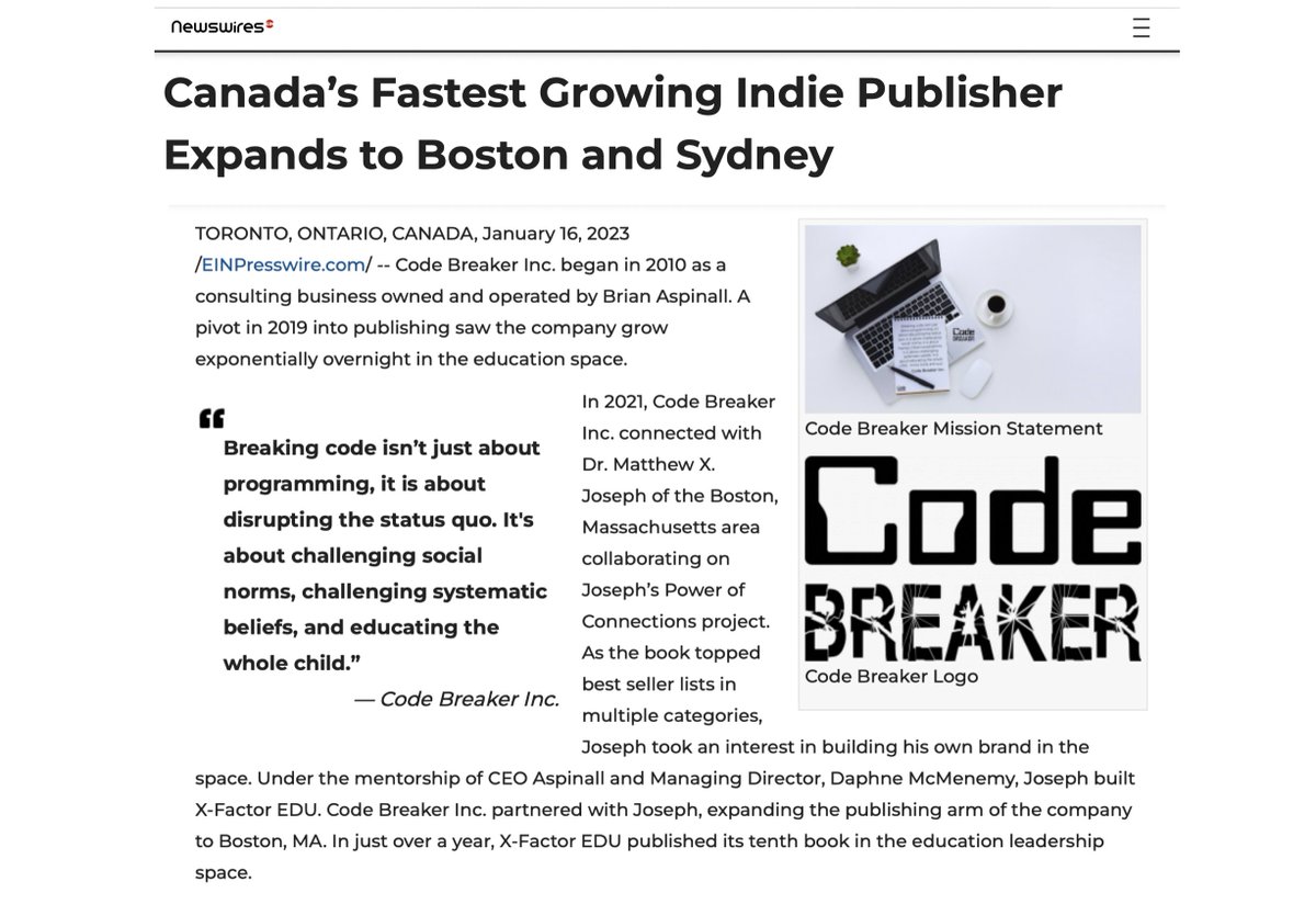 mraspinall's tweet image. Yeah we did! 🦾

Canada’s Fastest Growing Indie Publisher Expands to Boston and Sydney @codebreakeredu 

#CodeBreaker 
#XFactorEDU
#MammothEDU

fox59.com/business/press…