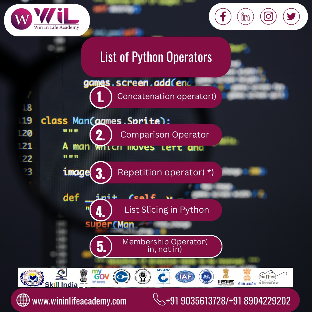 WILAcademy's tweet photo. List of Python Operators are the following way.

Want to Know More
Apply Now:  🌐 https://t.co/UWEGshEOXc
Contact us:  📞9035613728, 8904229202

#python #datascience #dataanalytics #machinelearning #wininlifeacademy #technicalskill
@WILAcademy https://t.co/02dYUinyBv